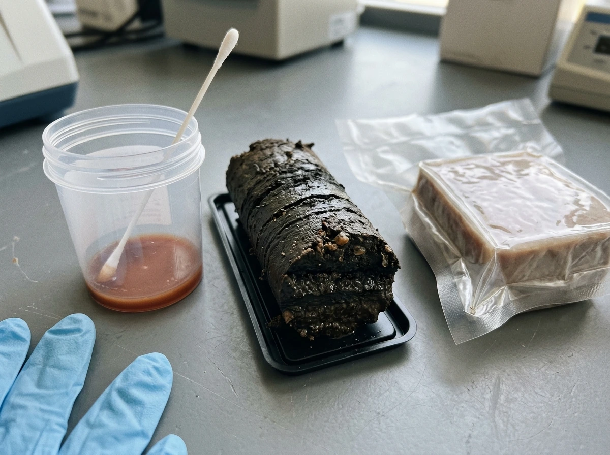 Still life showing typical anaerobic habitats: gut, waterlogged soil, and sealed food