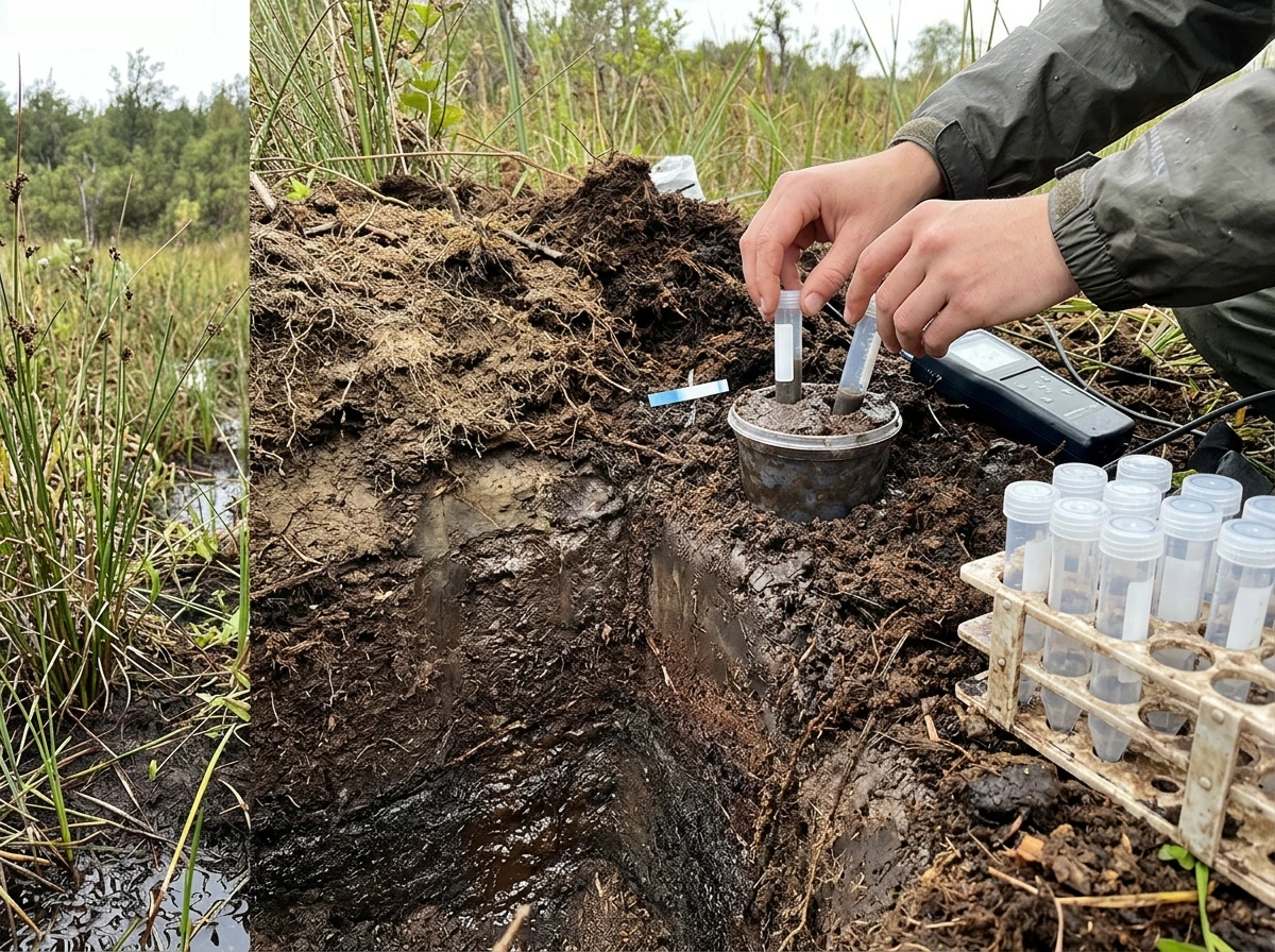 Waterlogged soil sediment with tubes and anaerobic indicator near low-oxygen layers