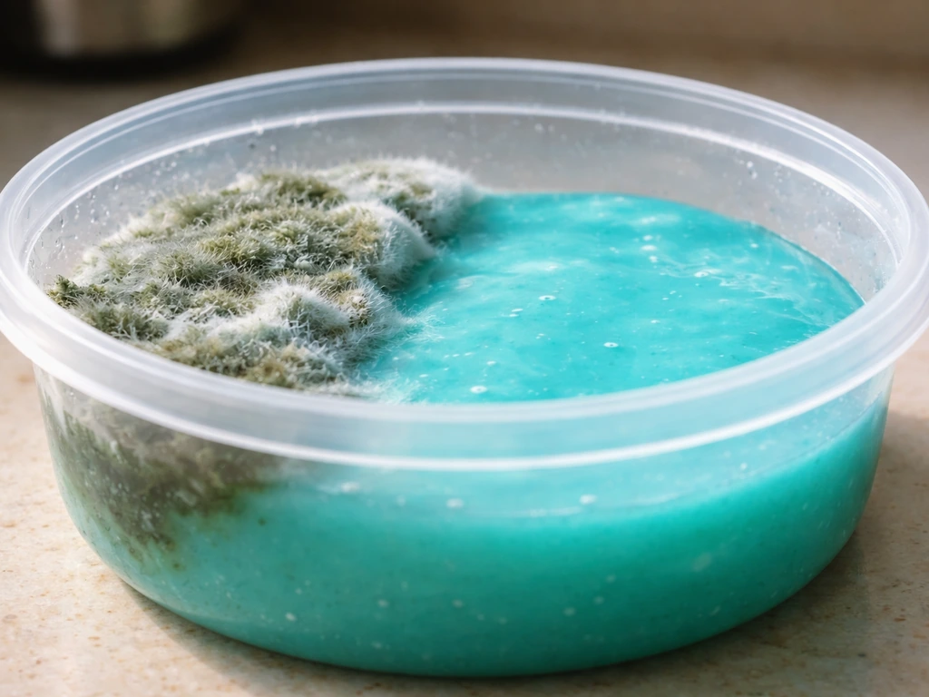 Close-up of slime in a clear container with fuzzy mold on one side and clean slime on the other.