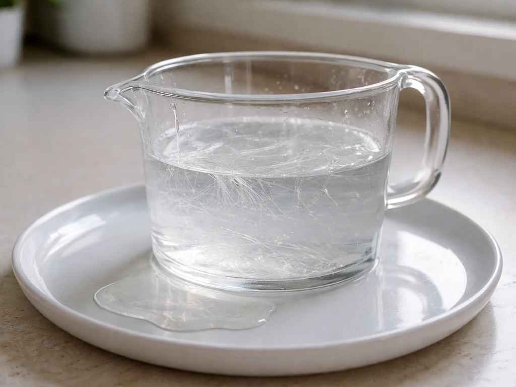Over-diluted watery slime in a measuring cup with excess liquid puddling on a plate.