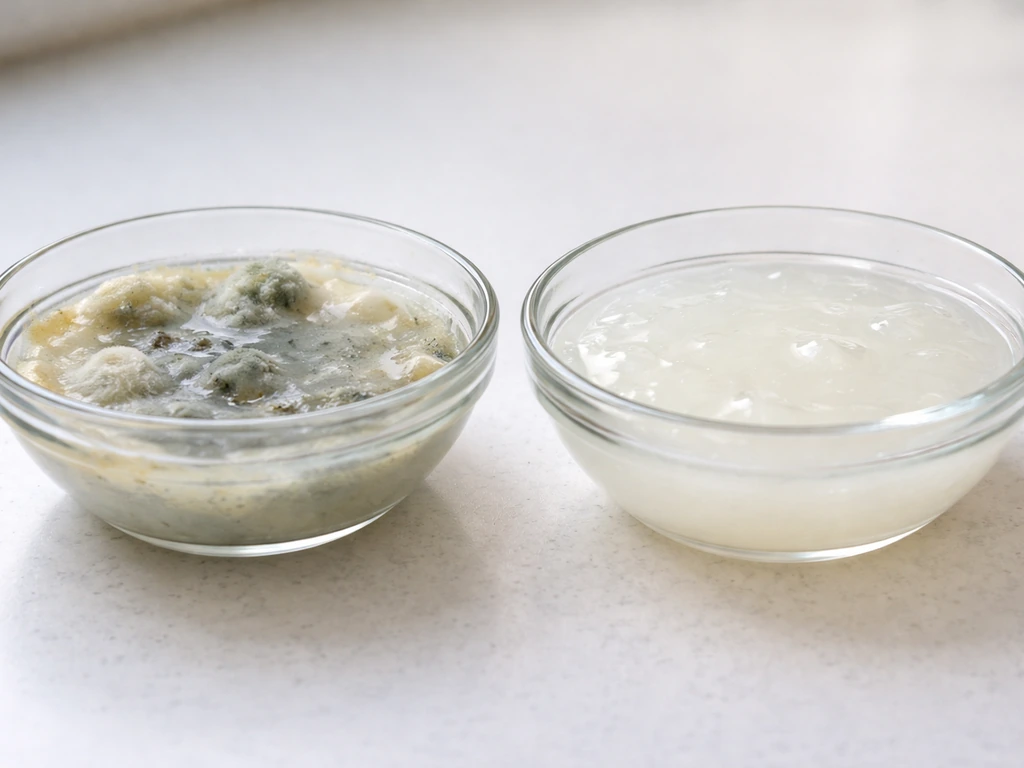 Side-by-side close-ups of slime showing fuzzy mold spots next to clear, non-mold slime texture.