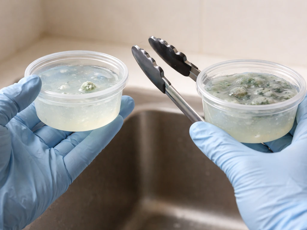 Gloved hands holding two containers of moldy slime—one with a tiny spot, one with larger spread at a sink.