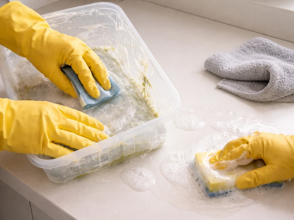 Gloved hands scrub a slime container and nearby table with detergent water, towel set for drying.
