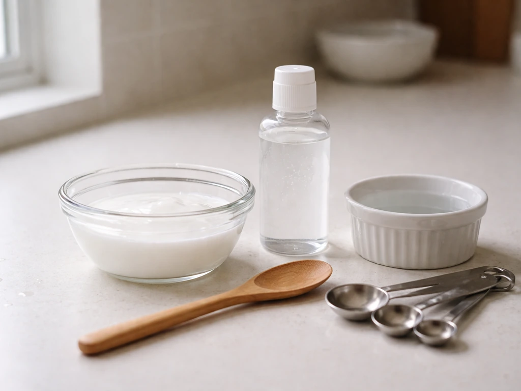 Countertop with PVA glue, borax-based activator, measuring spoons, and spoon for making lower-mold-risk slime.