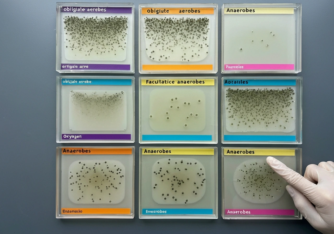 Oxygen-requirement categories showing different bacterial growth patterns