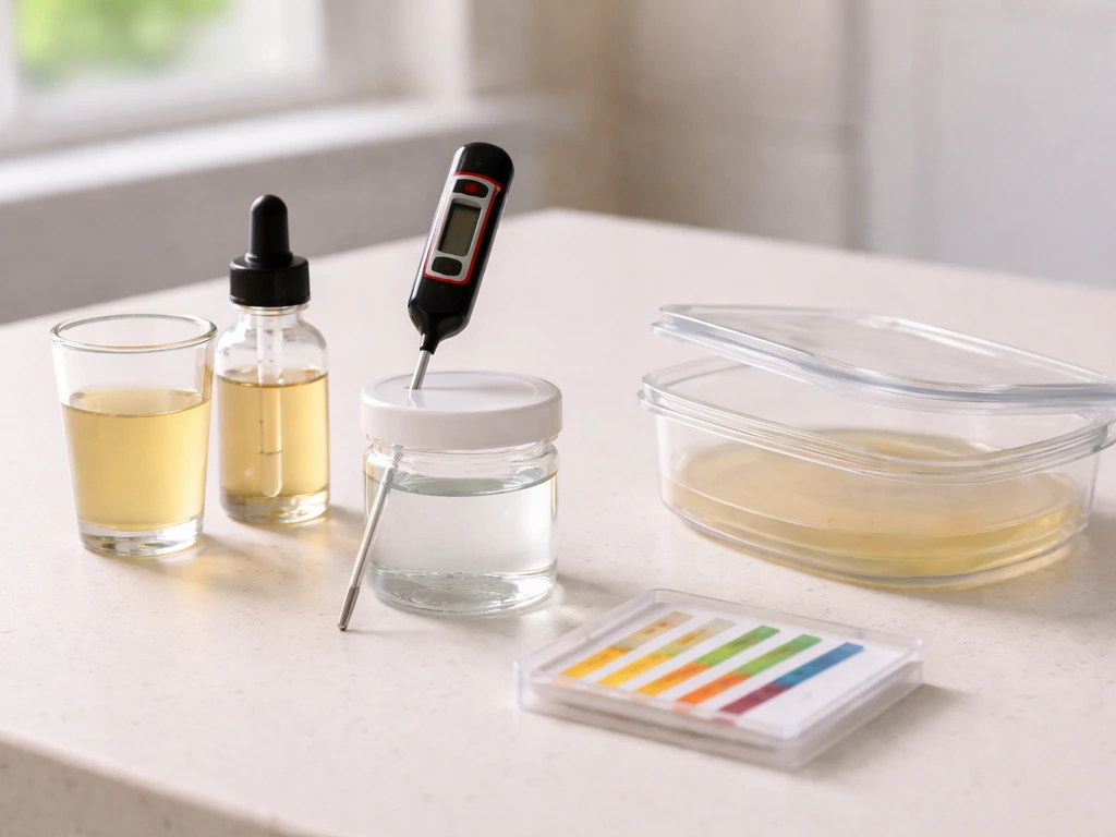 Tabletop objects showing nutrients, temperature probe, pH strips, and sealed container suggesting oxygen for germ growth