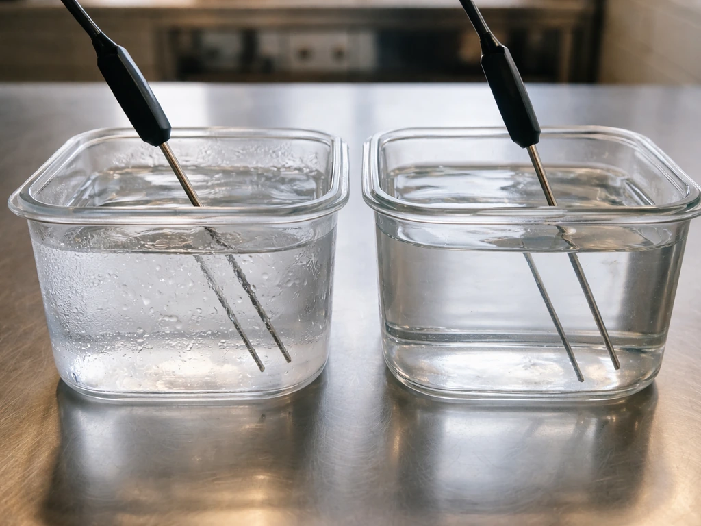 Thermometer probe inserted into two food containers showing cold and warm temperatures.
