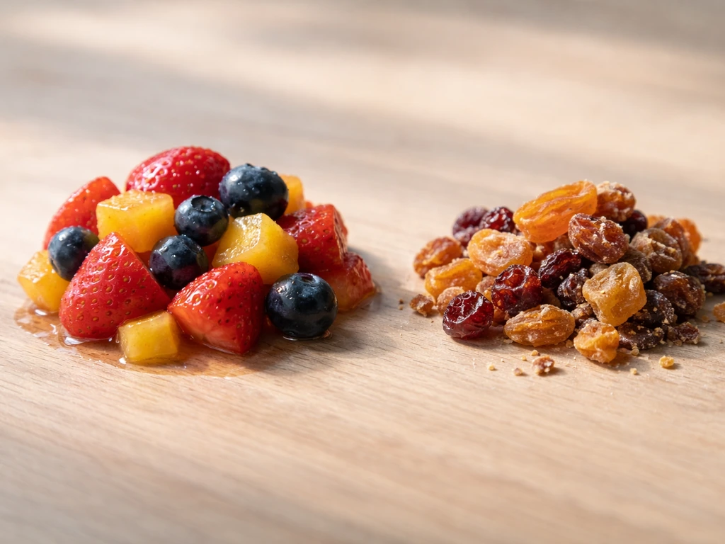 Close-up side-by-side moist fresh fruit and dry dried fruit/crumbs showing glossy vs matte surfaces.