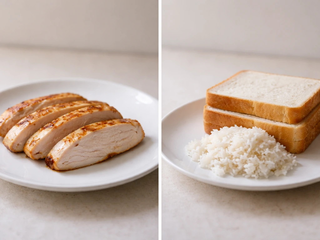 Split image of protein-rich meat and carb-rich bread side by side on a simple cutting board