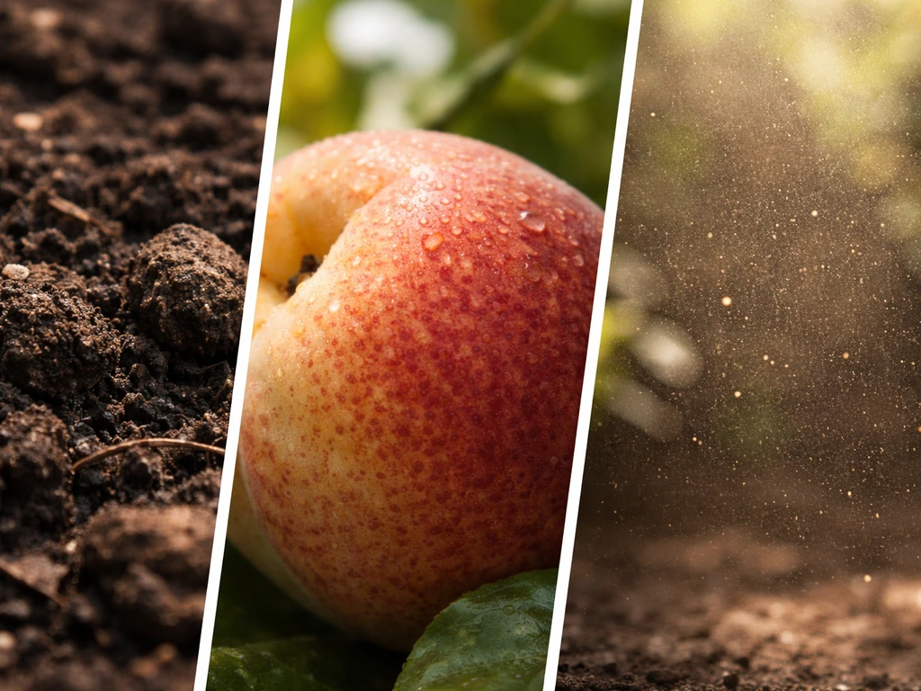 Macro collage of soil, fruit peel detail, and sunlit airborne dust particles showing natural yeast habitats.