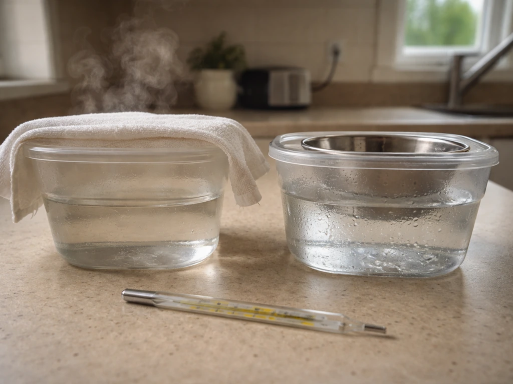 Thermometer beside a warm and cold proofing setup showing yeast-friendly temperature contrast