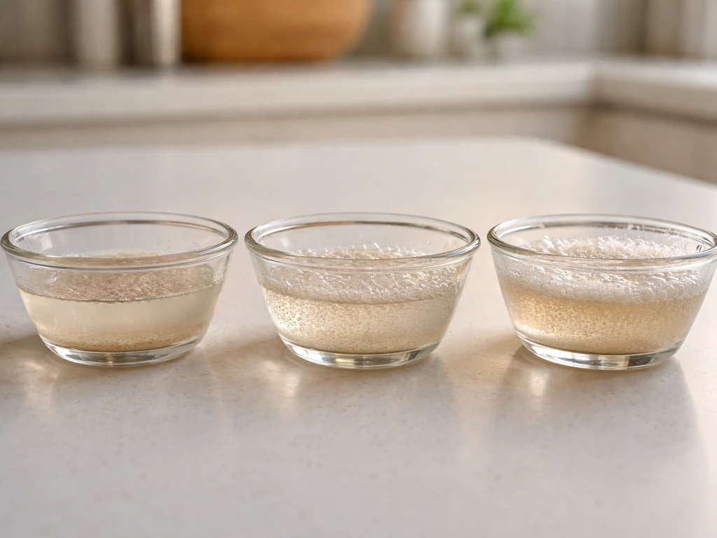 Close-up of small glass bowls with yeast in different water levels showing varying bubbling activity
