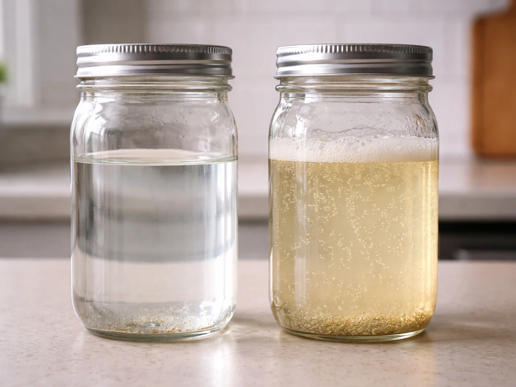 Two small fermentation samples in jars: one clear, one cloudy with rising CO2 bubbles and light foam.