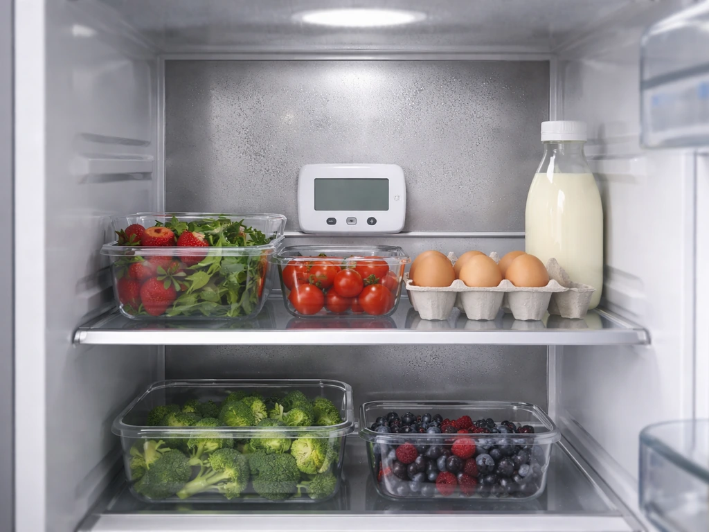 Digital thermometer inside an open refrigerator showing 40°F-safe cold, with neatly stored food below.