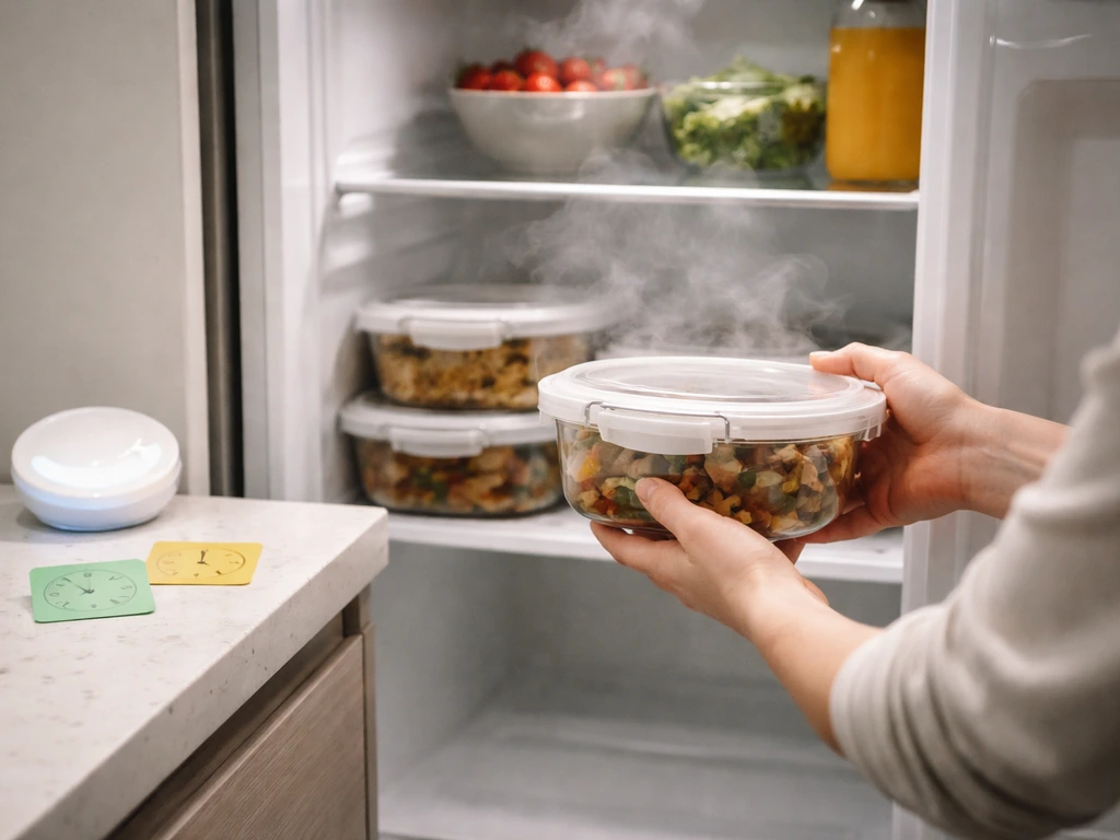 Hands place covered containers of hot food into an open refrigerator promptly, suggesting quick timing.