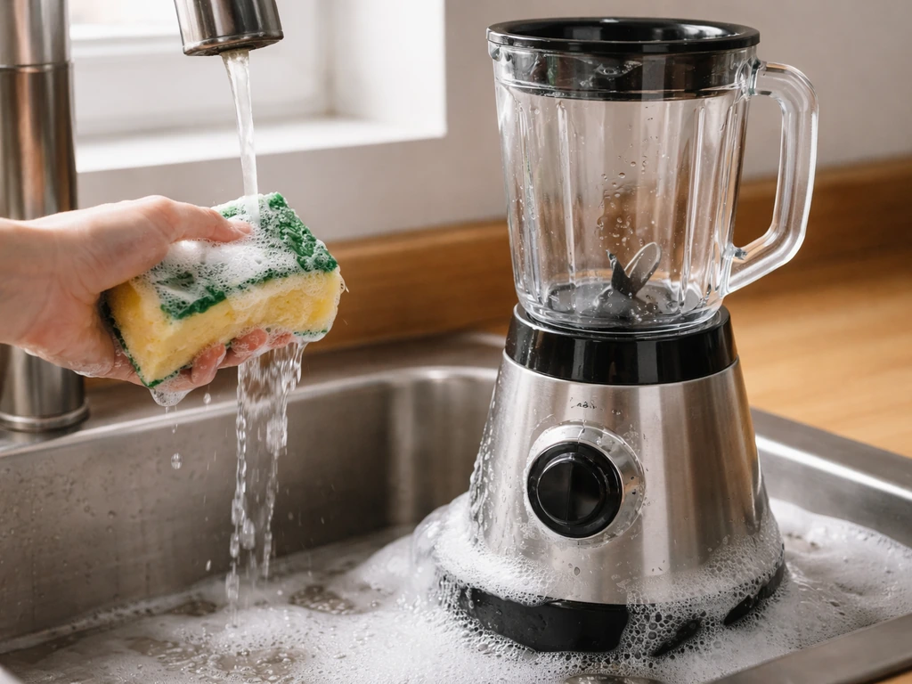 Hand squeezes a wet, soapy sponge under running water beside a blender for a deep-clean process.