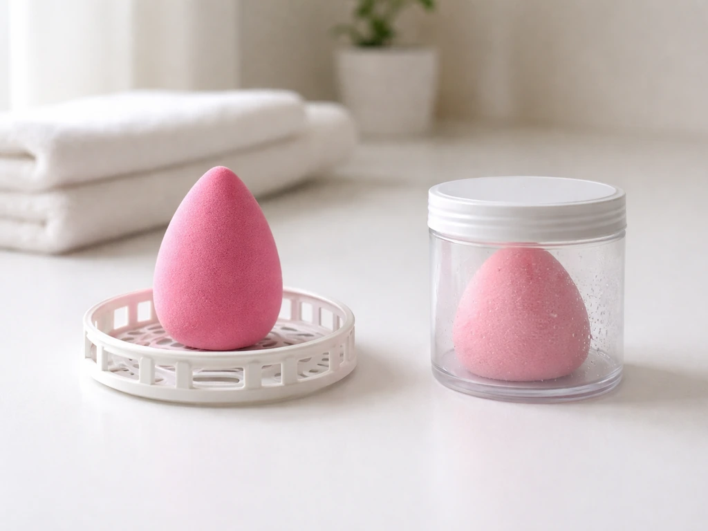 Clean beauty blender upright on an airy drying rack, with a damp blender in a closed container nearby.