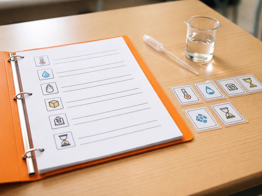 Classroom tabletop with an answer-sheet style worksheet and small science cards showing conditions for bacteria growth.