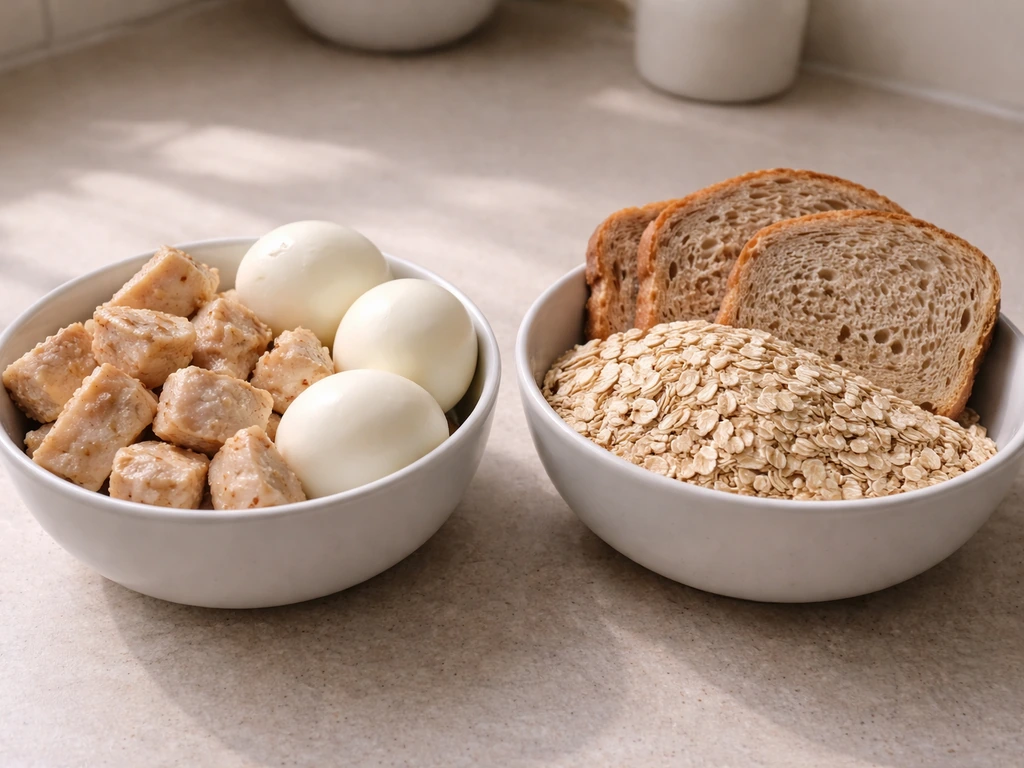 Close-up of protein-rich and carbohydrate-rich foods on a simple table to suggest nutrient availability.