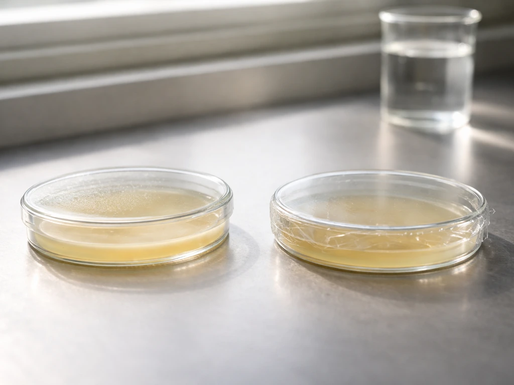 Lab bench with two sealed and open petri dishes showing aerobic vs anaerobic growth differences