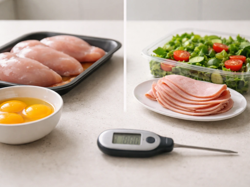 Minimal split view of raw poultry, eggs, deli meat, and cut produce with a kitchen thermometer motif.