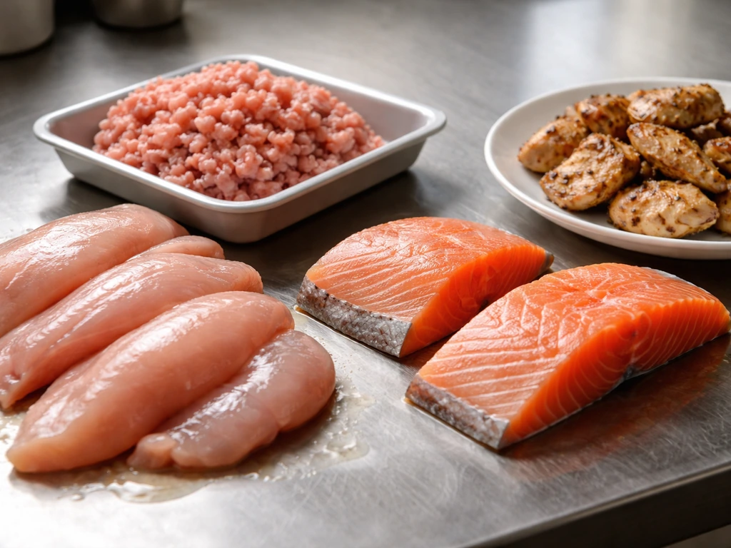 Closeup of raw and cooked chicken, ground turkey, and salmon on a clean stainless-steel surface.