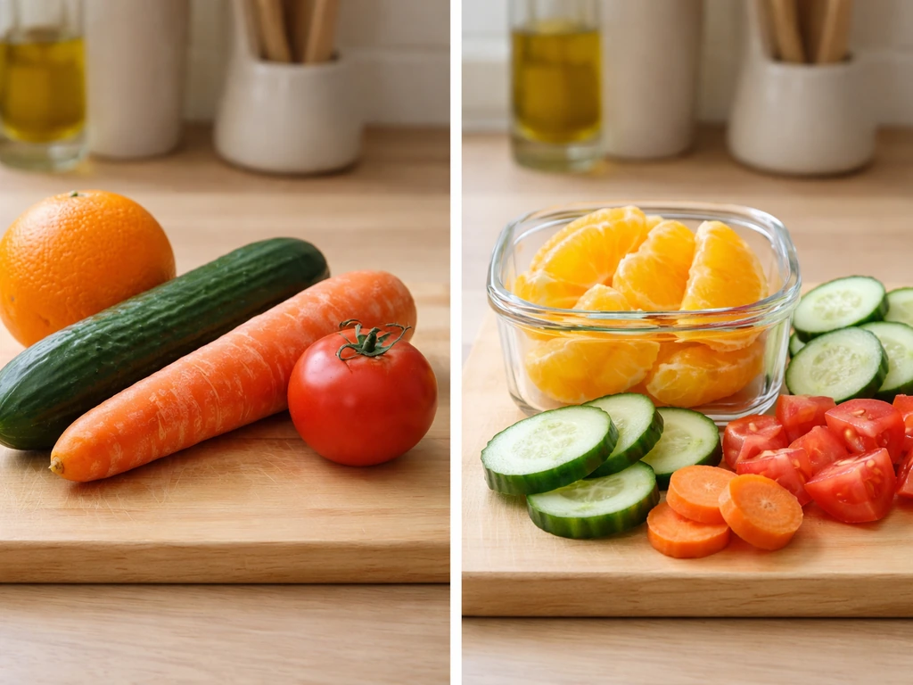 Whole fruits and vegetables beside freshly cut pieces in a container, showing the difference in preparation.