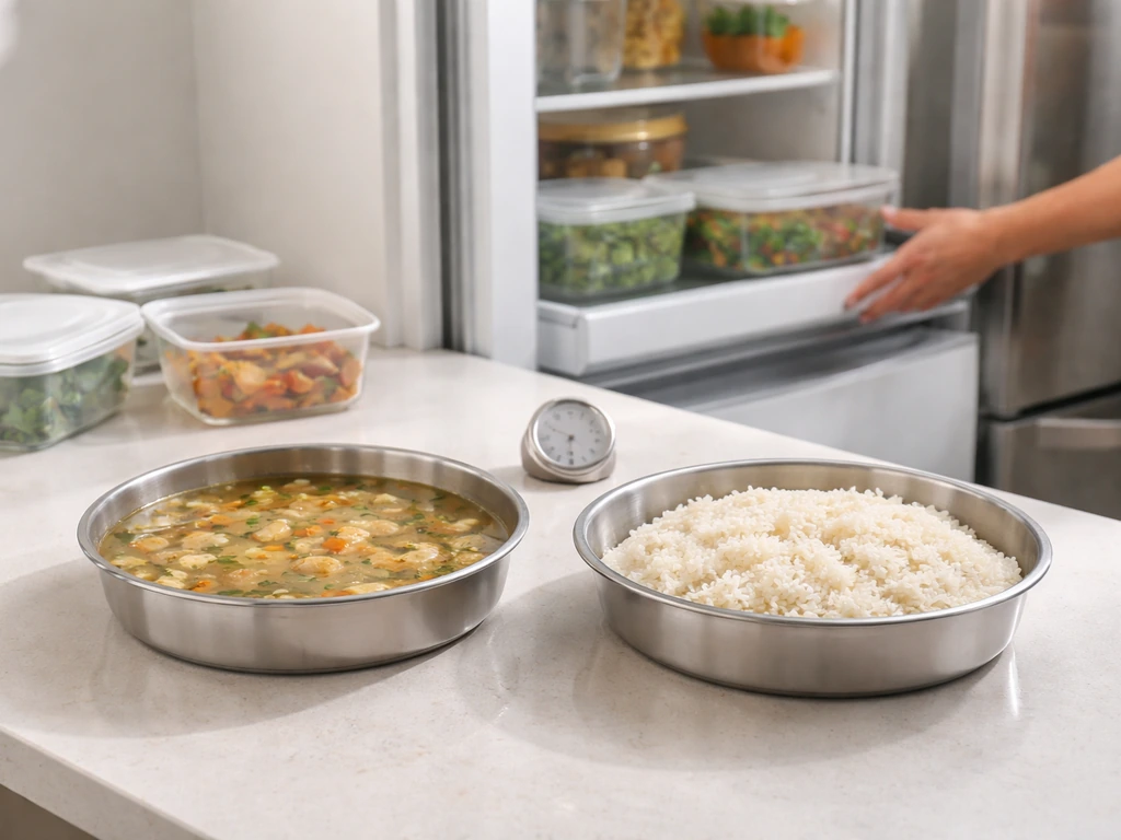 Shallow metal pans of cooling soup and rice with food containers going into a refrigerator.