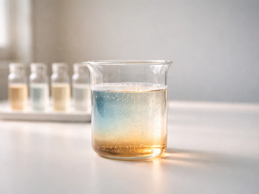 Minimal beaker and surrounding vials with warm/cool liquid gradients and bubbles suggesting growth conditions.
