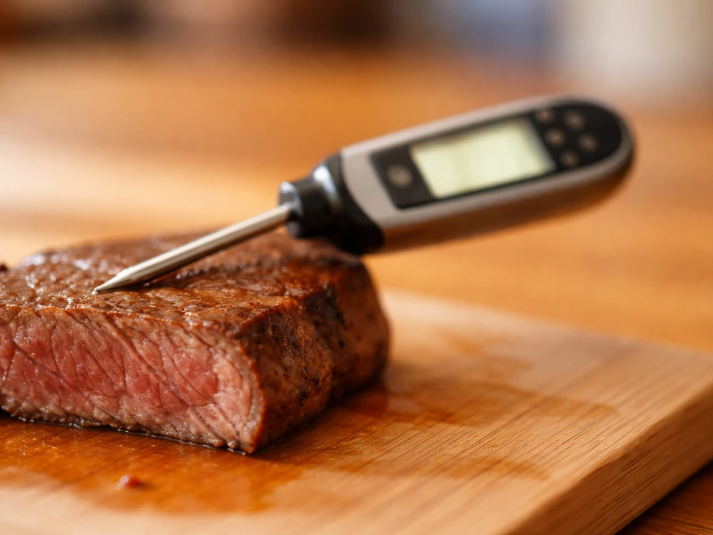 Close-up instant-read food thermometer in meat on a cutting board, display unreadable, shallow depth of field.