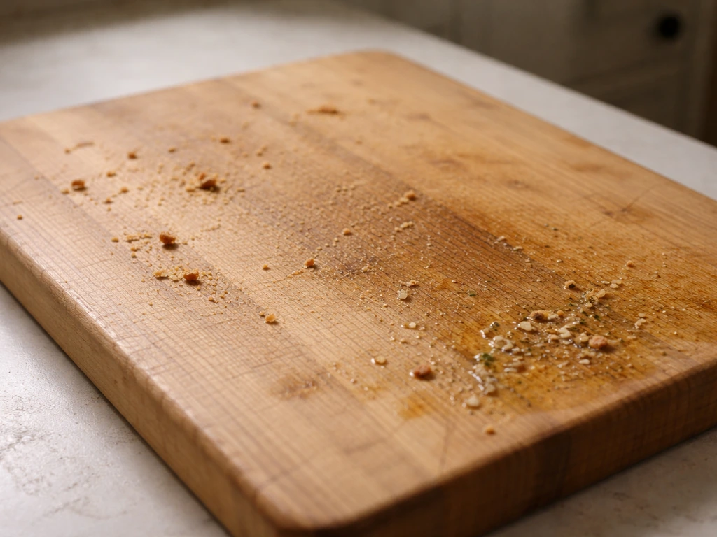 Close-up of an unclean cutting board with crumbs and a thin organic-looking film after food prep