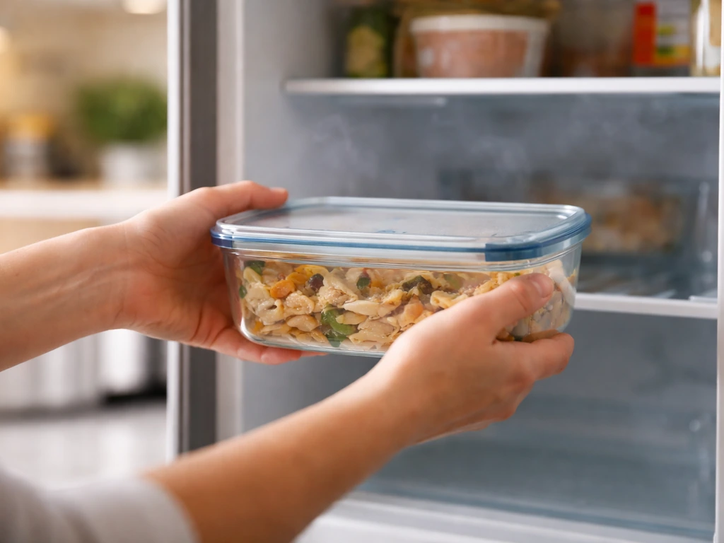 Anonymous hands moving cooked leftovers from the counter into an open refrigerator.