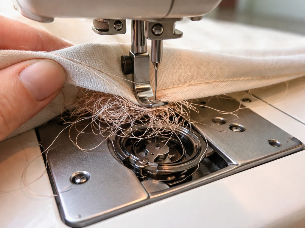 Close-up of sewing machine needle and bobbin area with tangled underside thread showing bird nesting.