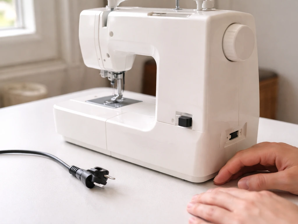 Unplugged sewing machine on a worktable with hands nearby, showing safety before touching the needle area.