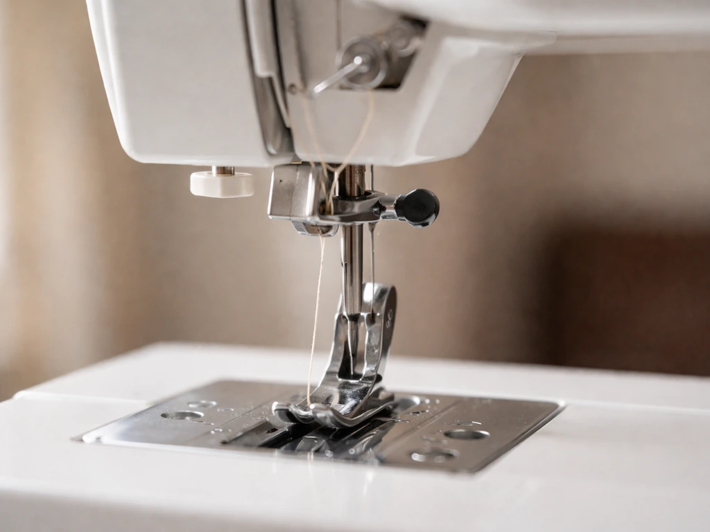 Close-up of a sewing machine needle area with thread routed through guides and around the take-up lever