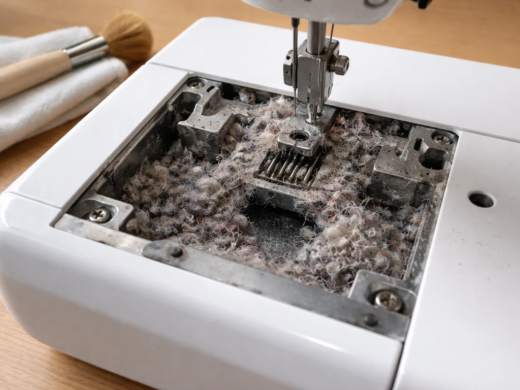 Close-up of a sewing machine’s needle plate removed, showing lint buildup around the feed dog