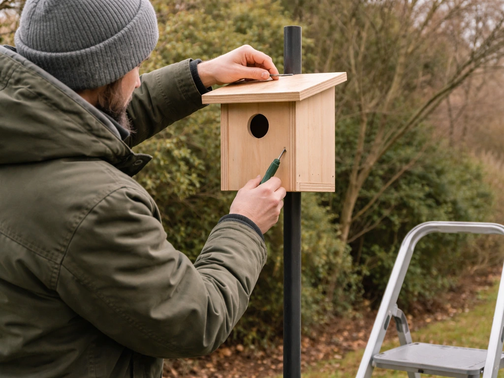 Person installing an empty bird nest box on a backyard pole in natural light