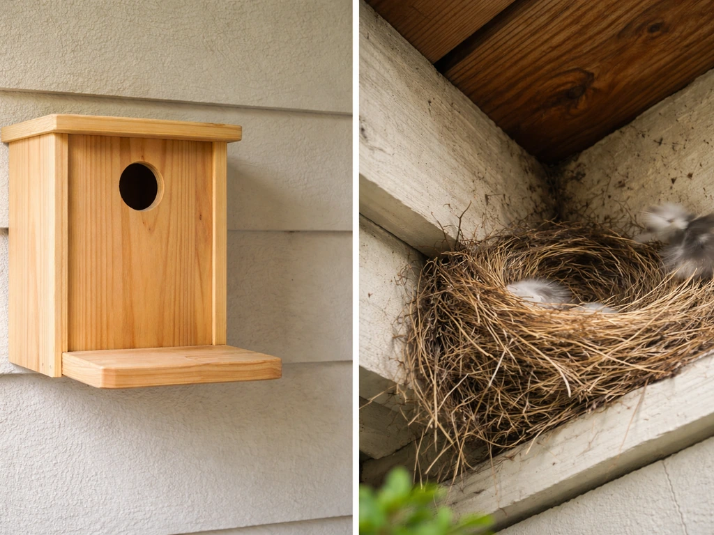 Empty mounted nest box on one side and an active bird nest in an eave corner on the other.