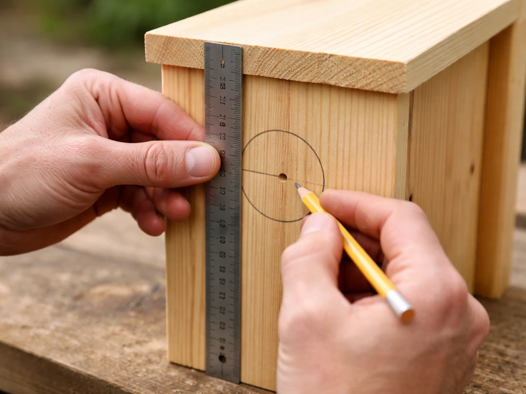 Hands use a ruler and pencil to mark the correct entrance hole diameter on a wooden nest box