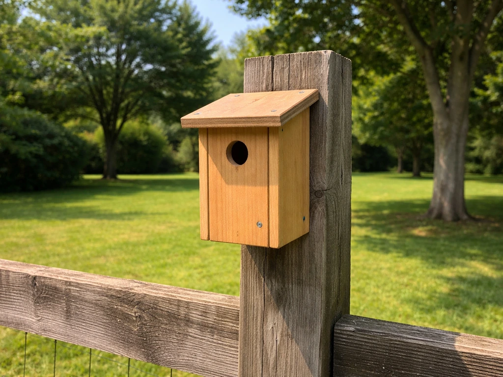 Wooden bird nest box mounted on a fence post in a backyard open area, no birds visible.