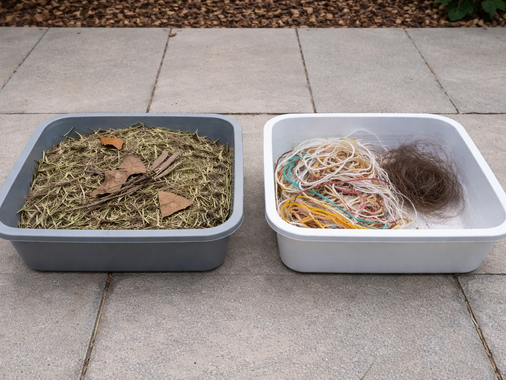 Two side-by-side containers showing safe dry grass, twigs, leaves vs unsafe string and hair.