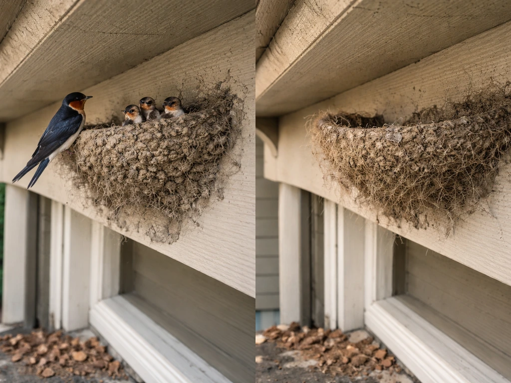 Fresh mud nest under an eave with a bird nearby, contrasting with weathered, empty sections.