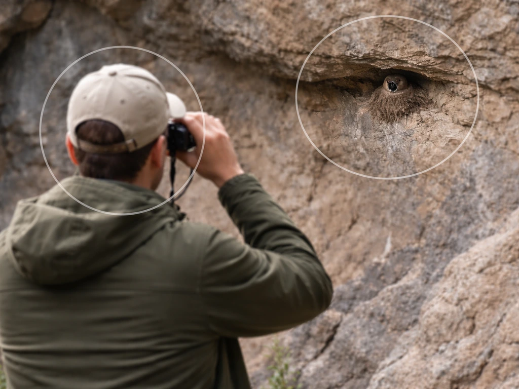 Person at a safe distance uses binoculars to observe a cliff swallow mud nest on a wall
