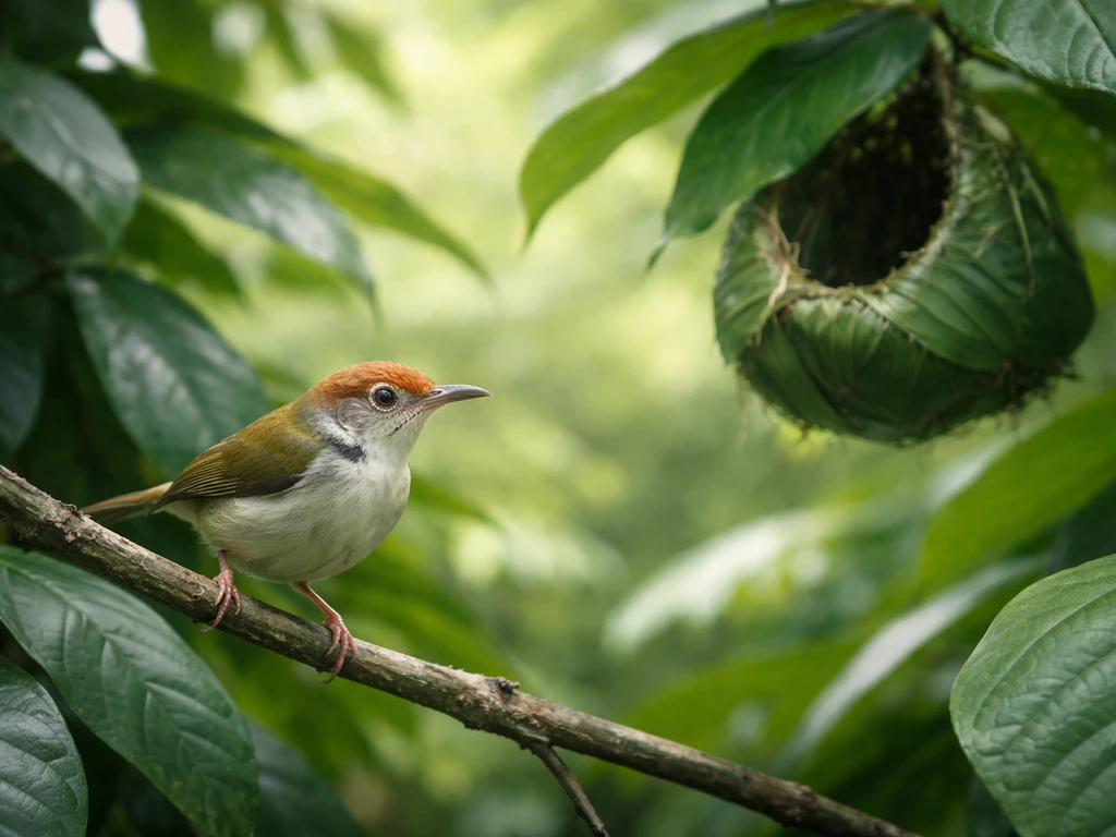 Tailorbird perched by dense broad-leaved plants, with a leaf-stitched suspended nest hinted in the foliage.