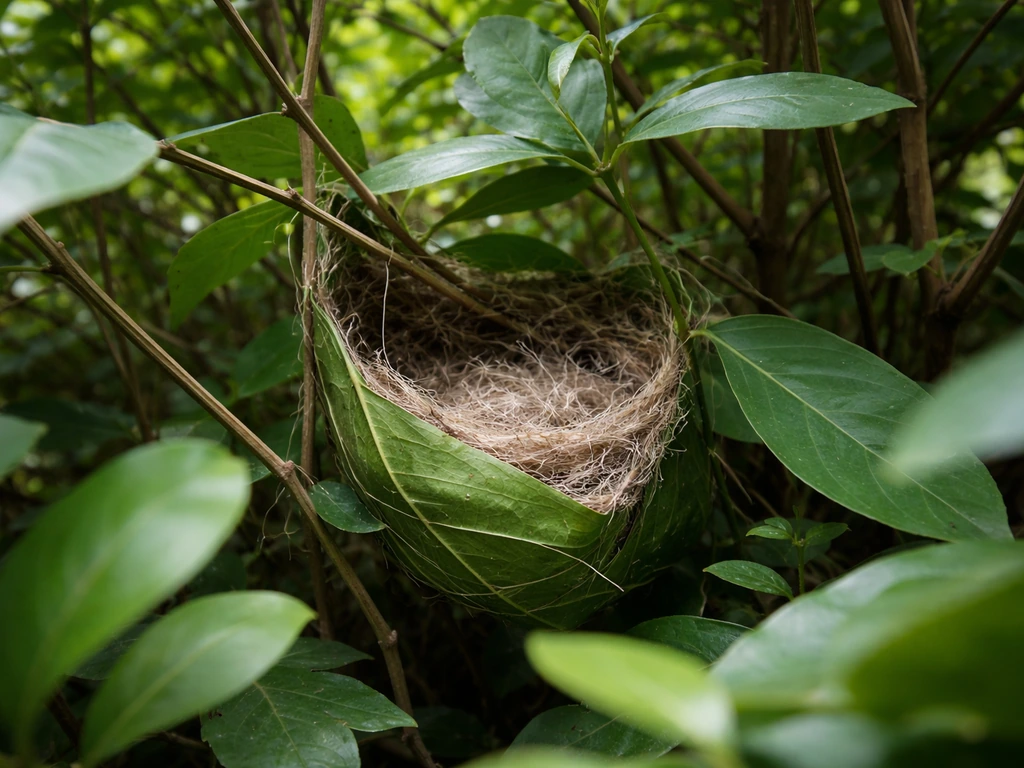 Low tailorbird nest suspended in dense garden shrubs, framed by broad leaves and branches.