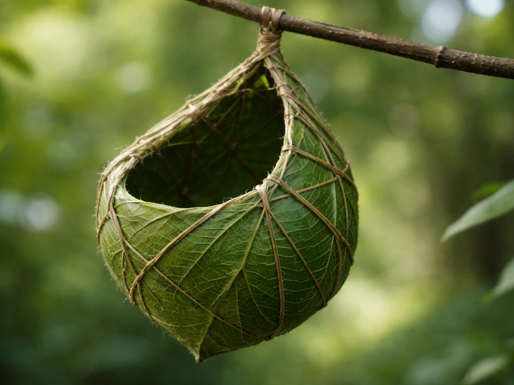 Close-up of a suspended nest pocket made from leaf surfaces bound with visible fiber threads