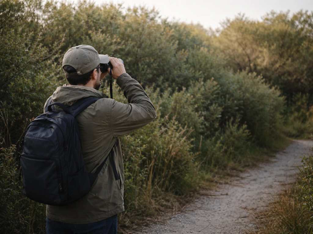 Anonymous observer on a path using binoculars to watch low shrubs from a safe distance.