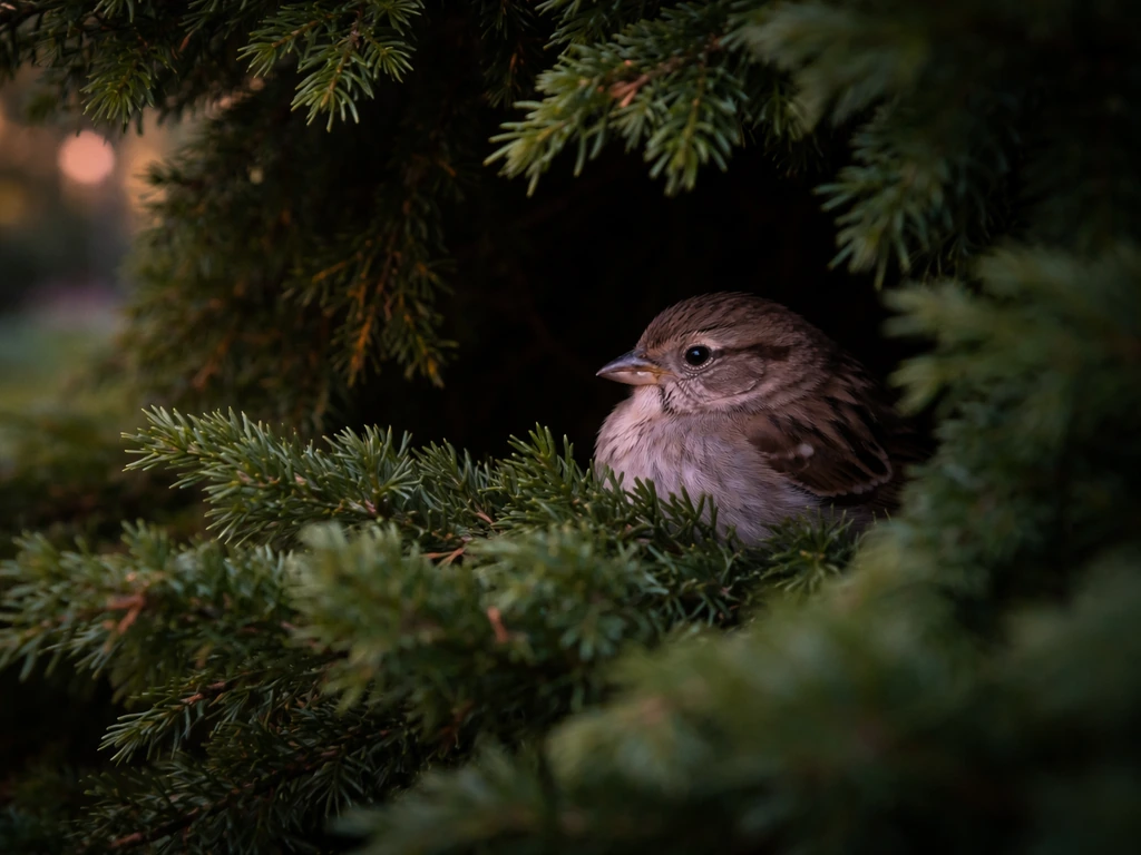 Small wild songbird nestled in an evergreen shrub at dusk, safe overnight cover in a quiet backyard.