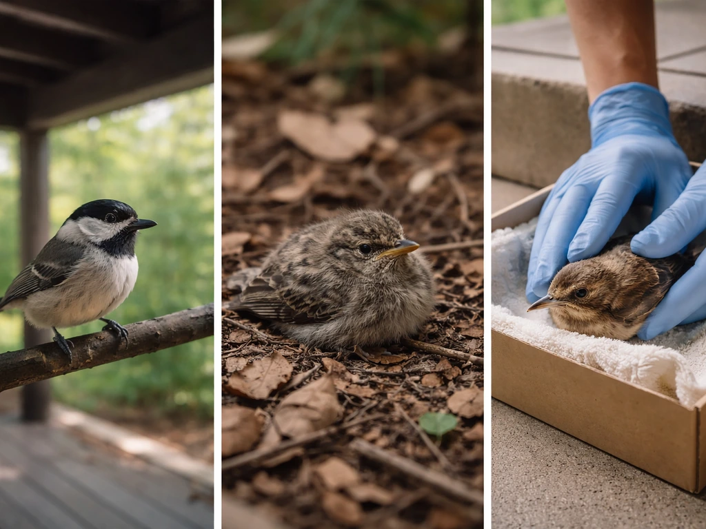 Three-panel style photo showing a perched roosting bird, a ground nestling, and a gently stabilized injured bird.