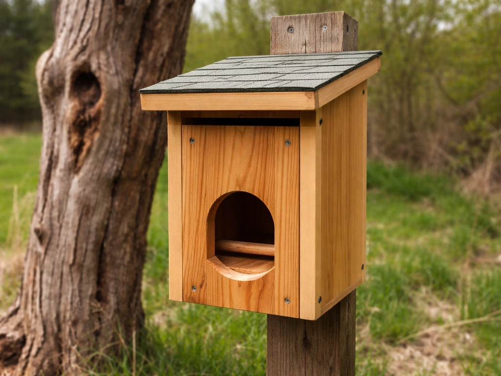 Wooden bird roost box on a post near a snag, showing bottom entrance hole and interior perch.